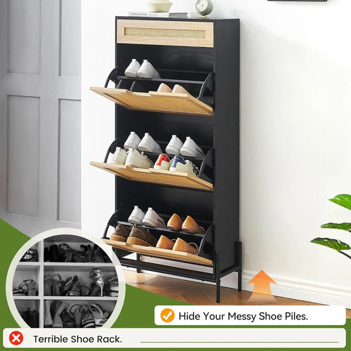 Natural Rattan Storage Cabinet with 2 Flip Door 1 Drawer Freestanding Entrance Shoe Cabinet, Modern Narrow Entry Way Cabinet - vue 2 sur 6
