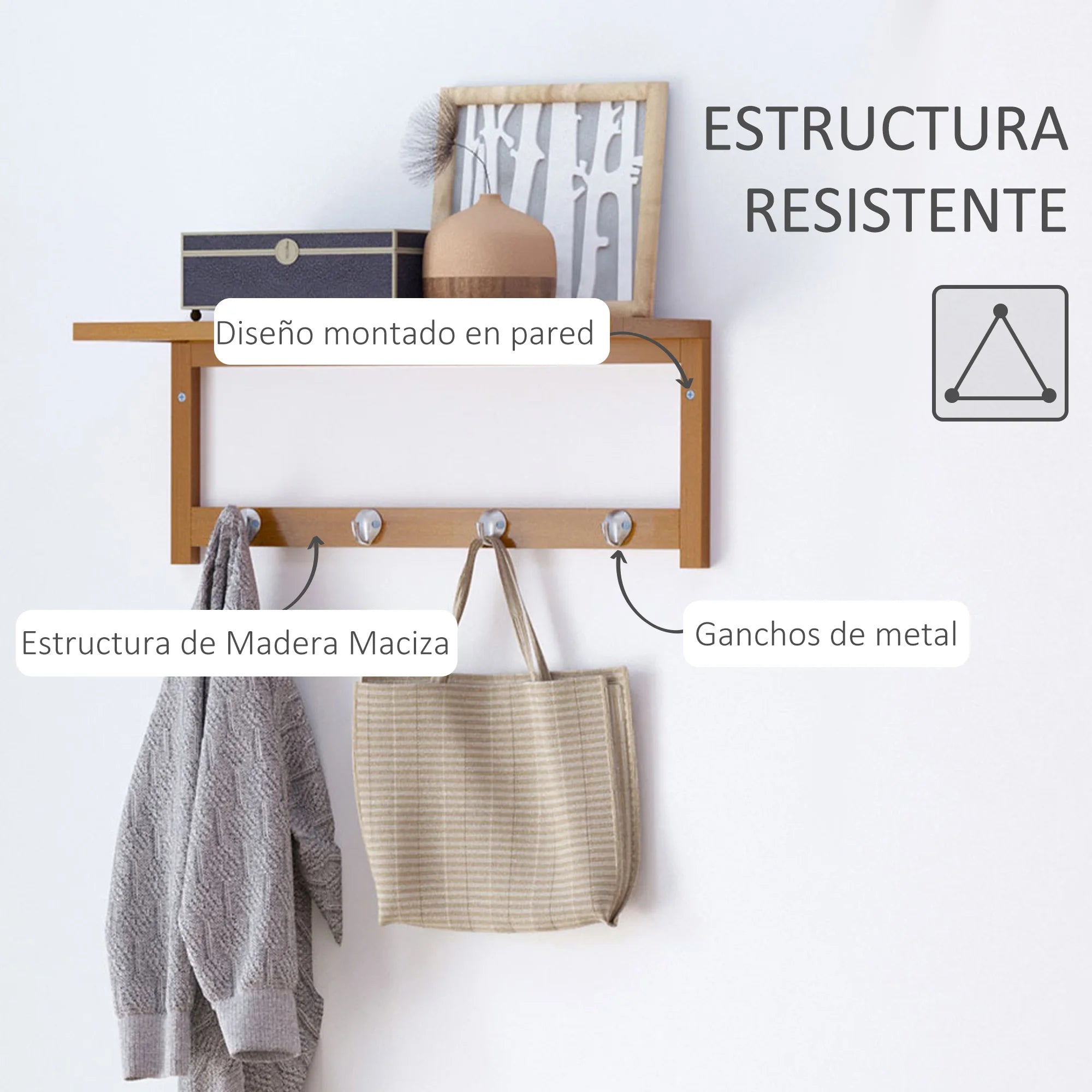 HOMCOM Wall hanger bamboo 4 hooks rack Wall towel rack 50x16x17.5cm - vue 5 sur 7