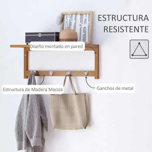 HOMCOM Wall hanger bamboo 4 hooks rack Wall towel rack 50x16x17.5cm - vue 6 sur 7