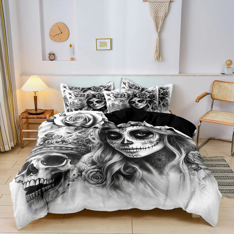 parure de lit florale et crânes de sucre mexicains