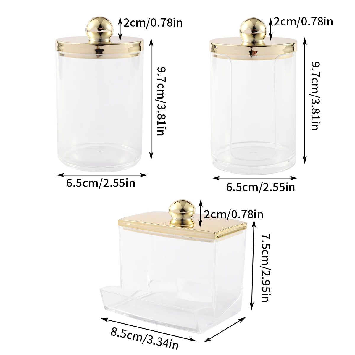 1/3 pcs Qtips Dispenser Bathroom Container with Golden Lid , 10 oz Cotton Ball Holder, Clear Plastic Apothecary Jar Organizer - vue 6 sur 9