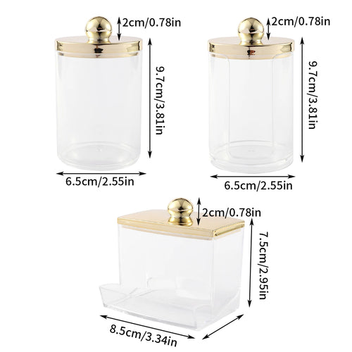 1/3 pcs Qtips Dispenser Bathroom Container with Golden Lid , 10 oz Cotton Ball Holder, Clear Plastic Apothecary Jar Organizer - vue 7 sur 9