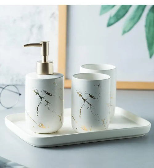 Black Marbled Bathroom Accessories Set, Ceramic Soap Dispenser, Toothbrush Holder, Box, Decoration - vue 6 sur 17