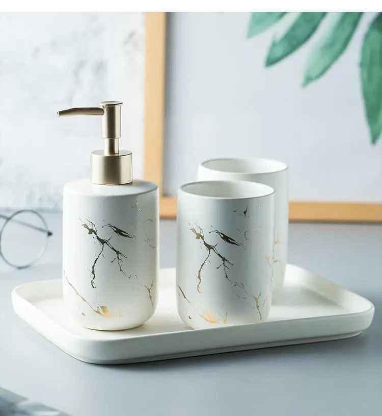 Black Marbled Bathroom Accessories Set, Ceramic Soap Dispenser, Toothbrush Holder, Box, Decoration - vue 5 sur 17