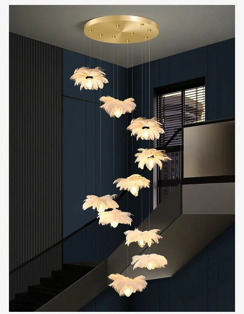2024Staircase Feather Chandelier Ostrich Glass Design Pendant Chandelier Lighting Home Decor Suspend Lustre Fixtures - vue 7 sur 11