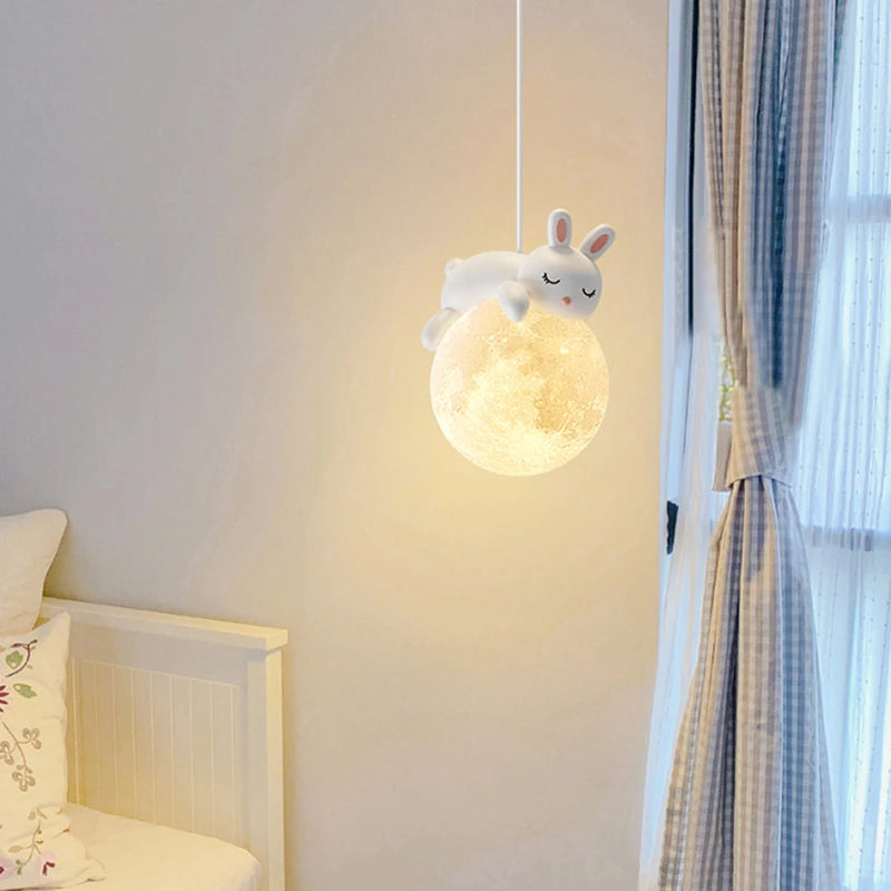 Suspension ours chevet enfant 3d lune lapin blanc veilleuse - vue 6 sur 10