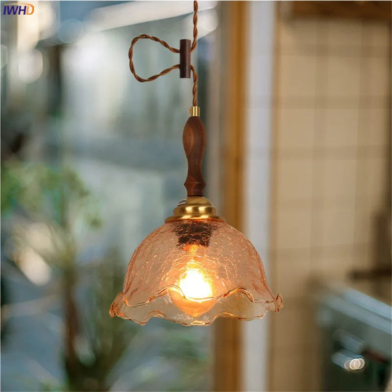 suspension Vintage verre craquelé en cuivre en bois maison éclairage intérieur chambre salon moderne LED - vue 4 sur 26