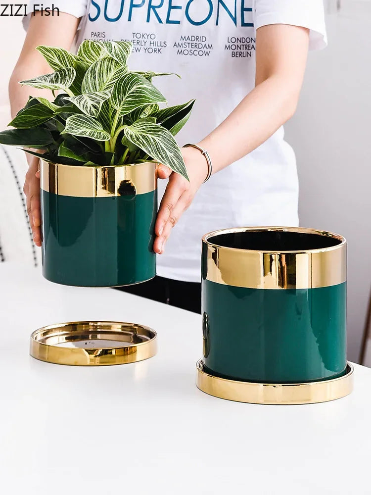 pot de fleurs en céramique luxe avec bordure dorée - vue 6 sur 12