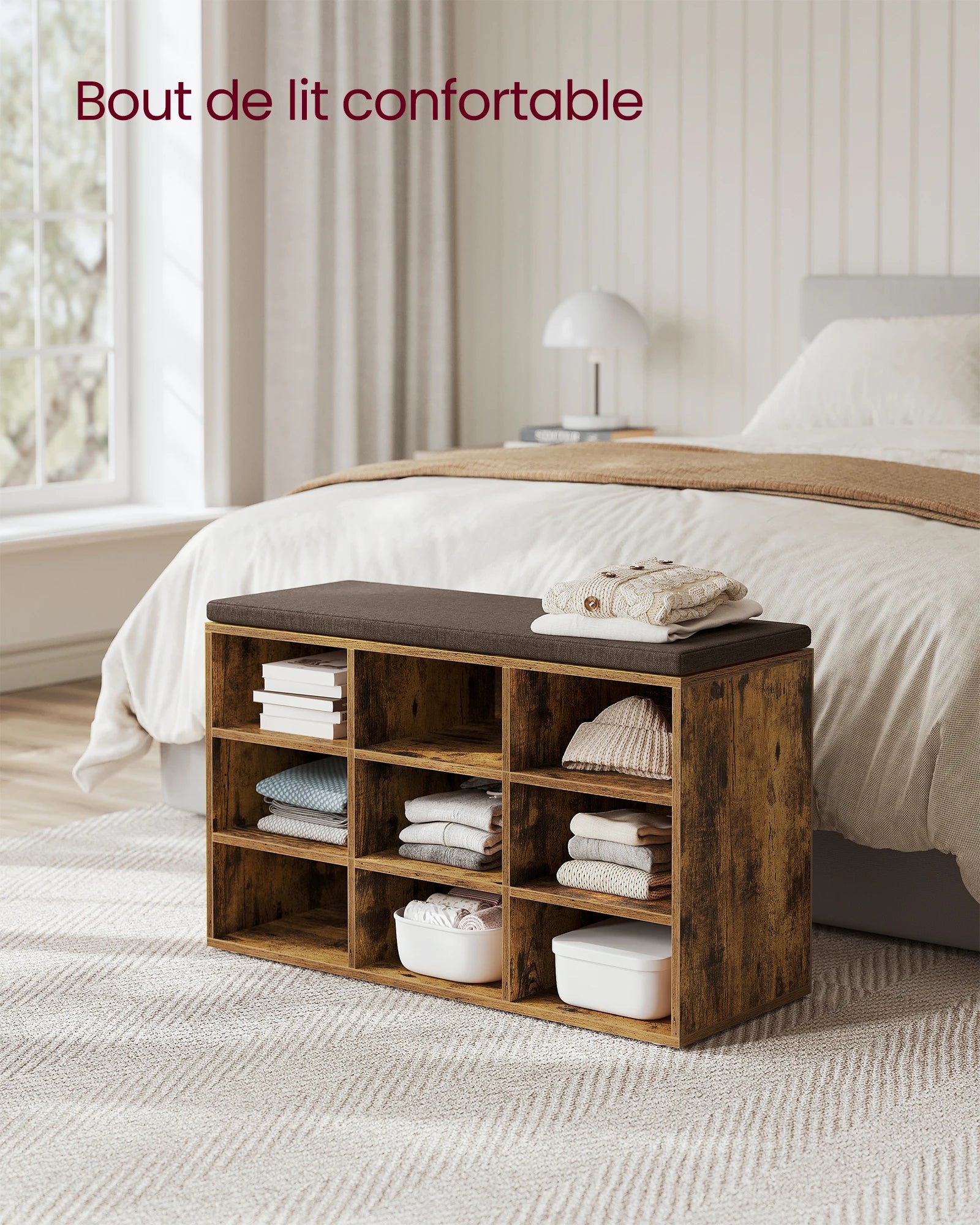VASAGLE Shoe Bench, Storage Bench with Padded Seat, with Cushion, 9 Compartments, Adjustable Shelves, for Living Room, Hallway