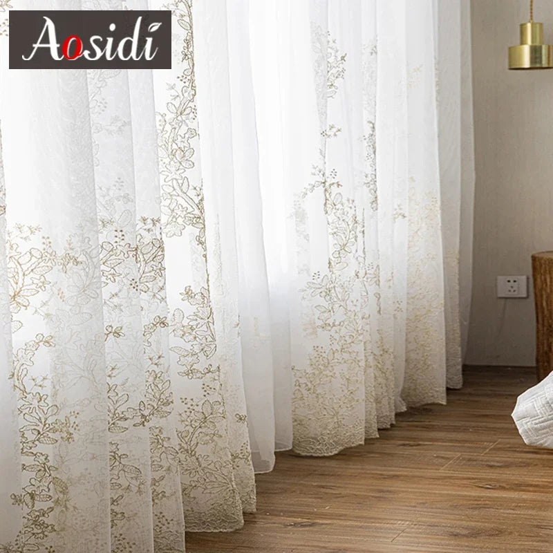 Voilage tulle brodé floral rideau moderne salon chambre - vue 3 sur 7