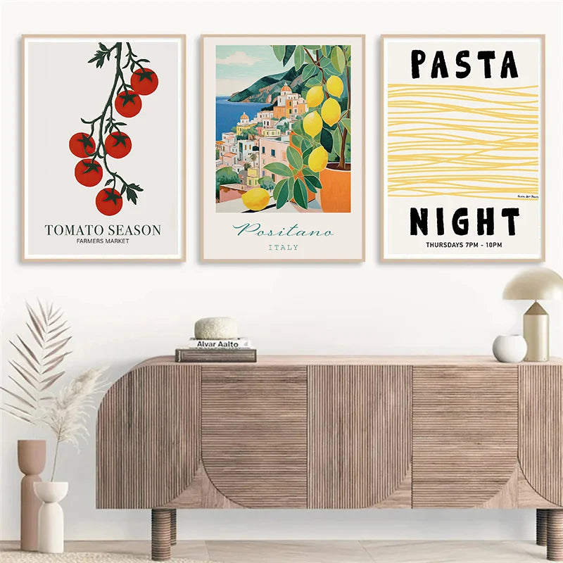 affiche vintage italienne avec paysages et gastronomie méditerranéenne