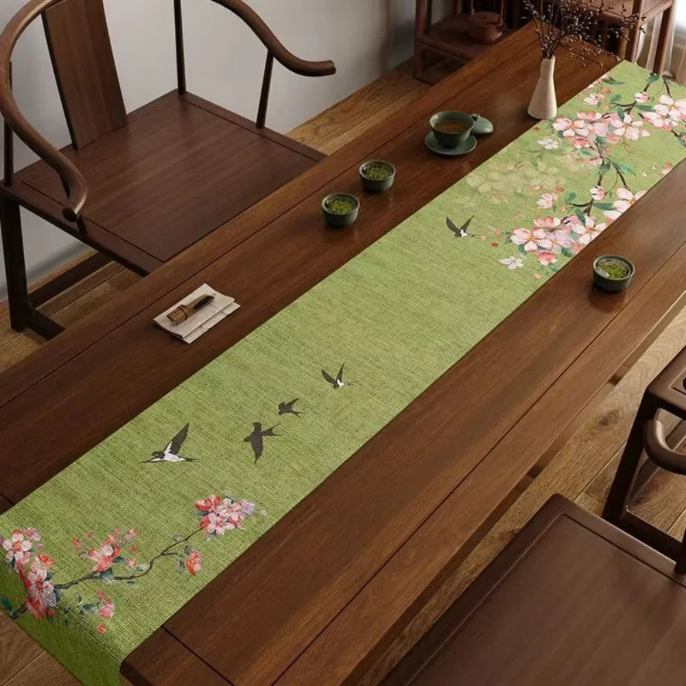 Nappe style chinois oiseaux volants bambou encre lin