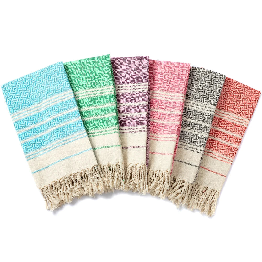 Serviette de plage turque coton motif losanges pompons