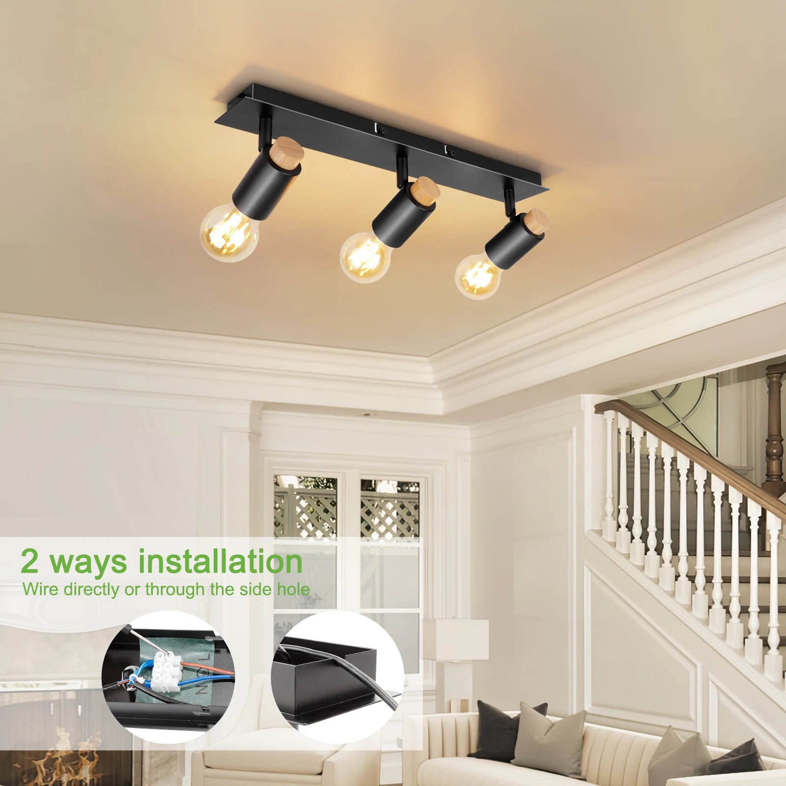 plafonniers Kimjo noir bois rotatif Spot luminaires plafond E27 - vue 7 sur 6
