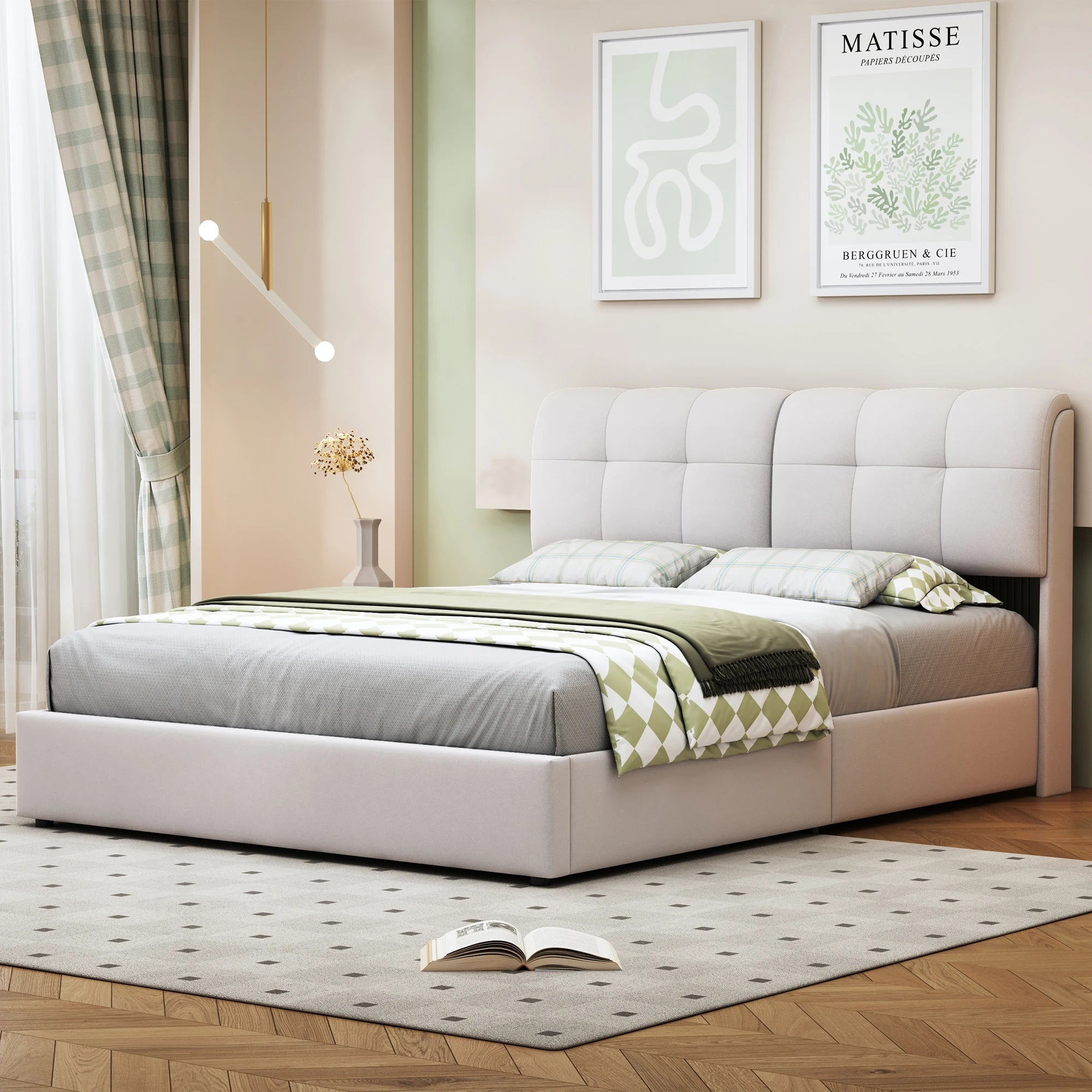 Double Bed with Storage Space,Upholstered Bed 140/160 x 200cm,Headboard with LED Lighting and USB Port,No Mattress,Velvet Beige - vue 4 sur 6