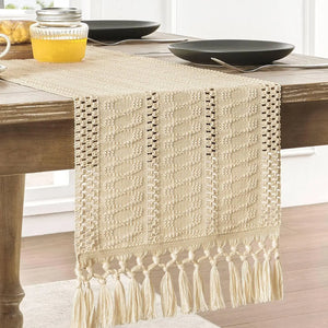 Ivory boho macramé table runner with fringes