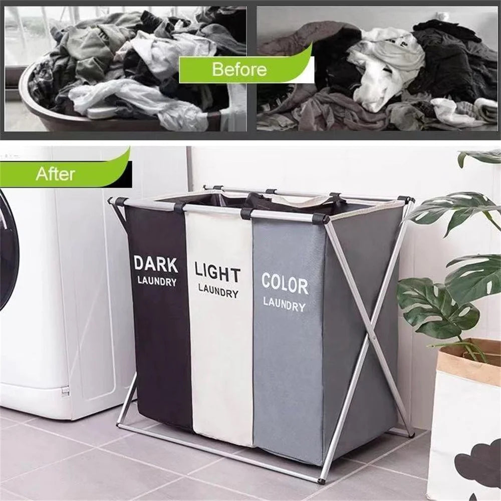 panier à linge pliable trois compartiments pour vêtements sales - vue 6 sur 9
