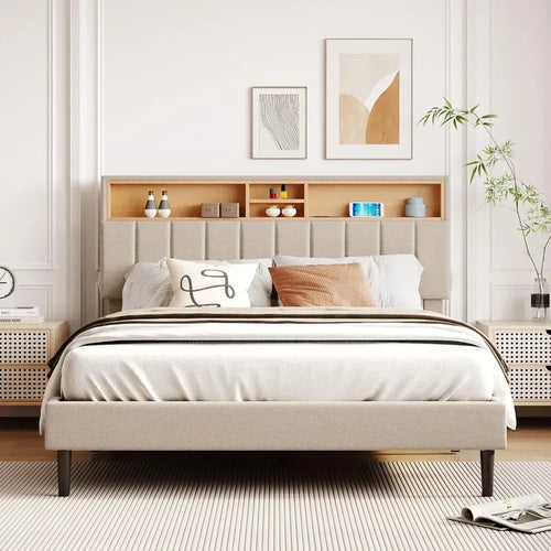 Bed frame bedroom furniture: headboard with storage and USB ports, full, grey modern upholstered platform bed - vue 2 sur 8