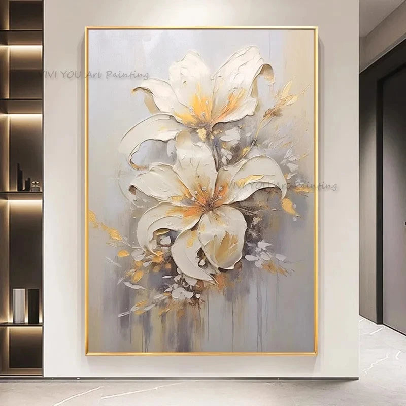 Tableau peinture à l'huile épaisse fleurs blanches abstraites décoration murale luxe - vue 7 sur 11