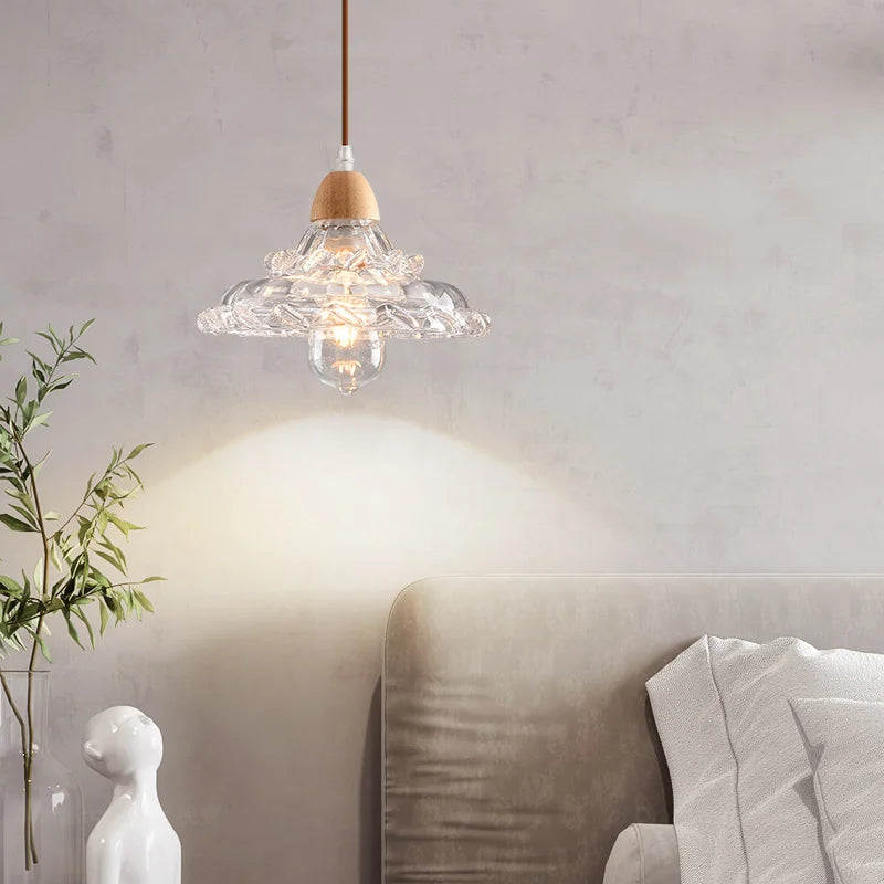 lustre nordique led suspendu moderne en bois et verre - vue 4 sur 13