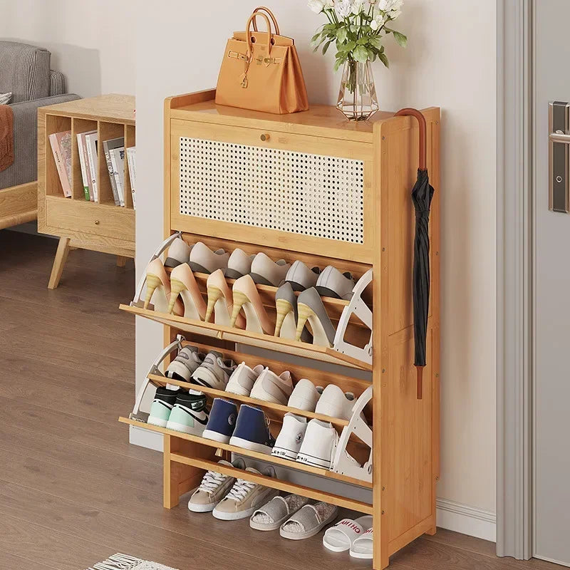 étagère à chaussures en bambou et rotin polyvalente et rabattable - vue 2 sur 18