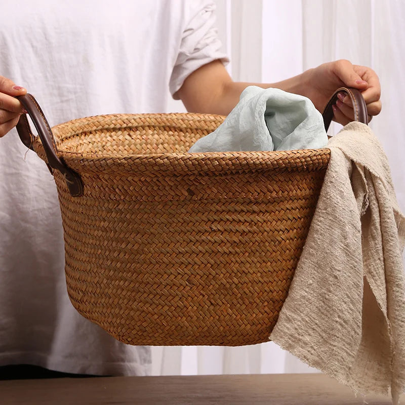 panier de rangement tissé à la main pliable en osier et jonc de mer - vue 4 sur 8