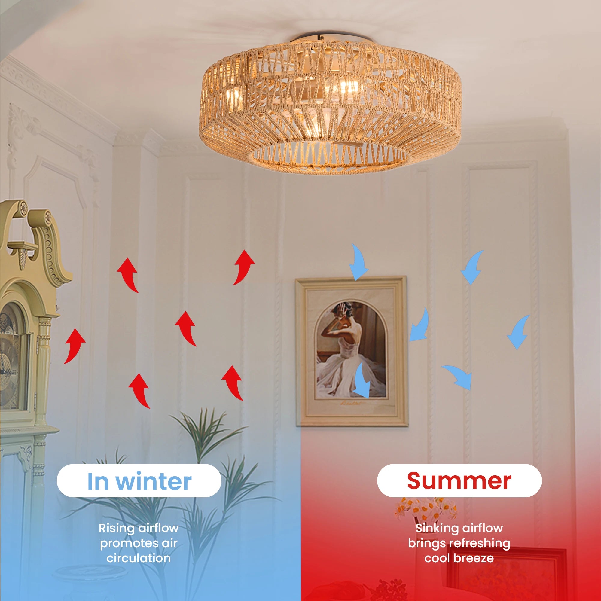 ventilateur de plafond en rotin avec lumière et télécommande vintage - vue 4 sur 7