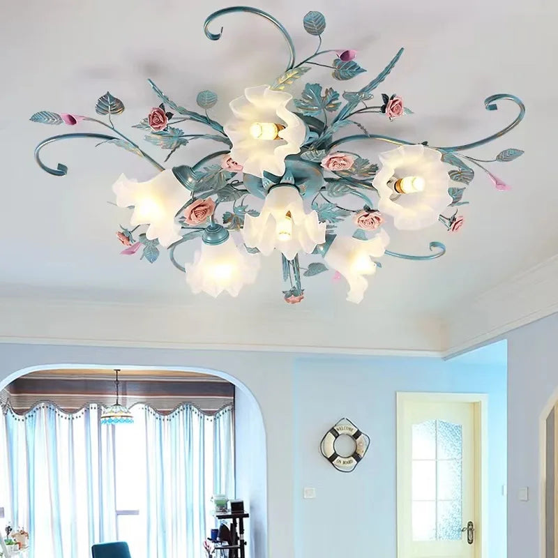 Romantique Chaud Fleur Plafonniers Fer Princesse Chambre Lampe Fille Salle De Mariage Luminaires Plafonniers Suspendus Pour La Maison Chambre