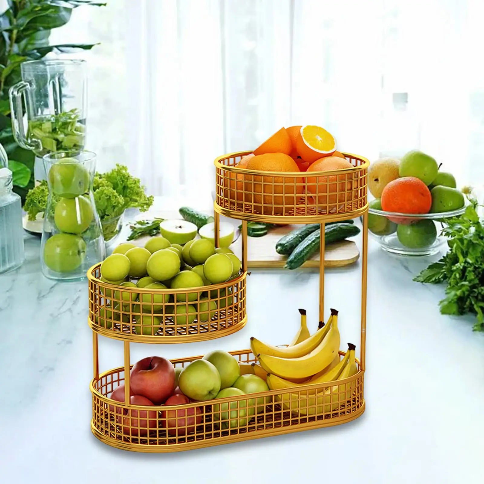 Countertop Fruit Basket Metal Wire Storage Basket, Counter Serving Tray Space Saver Serving Stand Vegetables Storage Rack - vue 7 sur 8