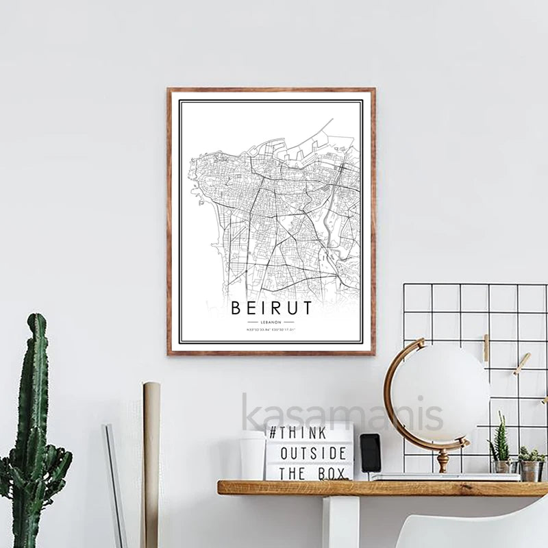 carte de beyrouth toile noire et blanche décoration murale moderne - vue 4 sur 7