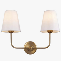 Applique double vintage antique à 2 lumières avec entonnoir évasé et abat-jour en tissu beige en lin