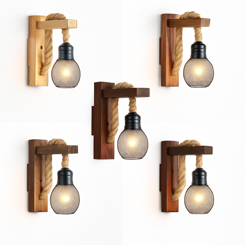Vintage wood and rope wall light industrial retro style - vue 3 sur 10