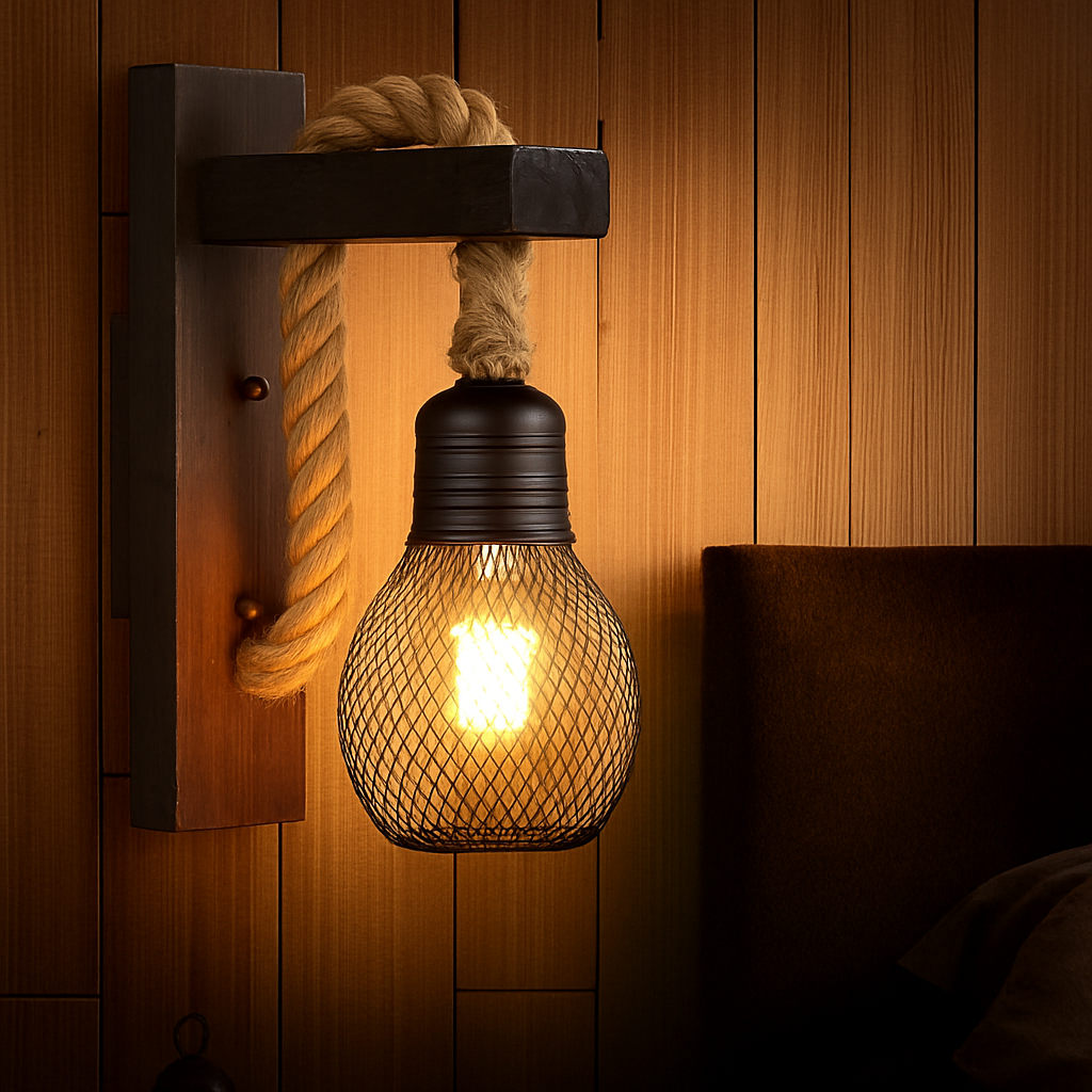 Vintage wood and rope wall light industrial retro style - vue 4 sur 10