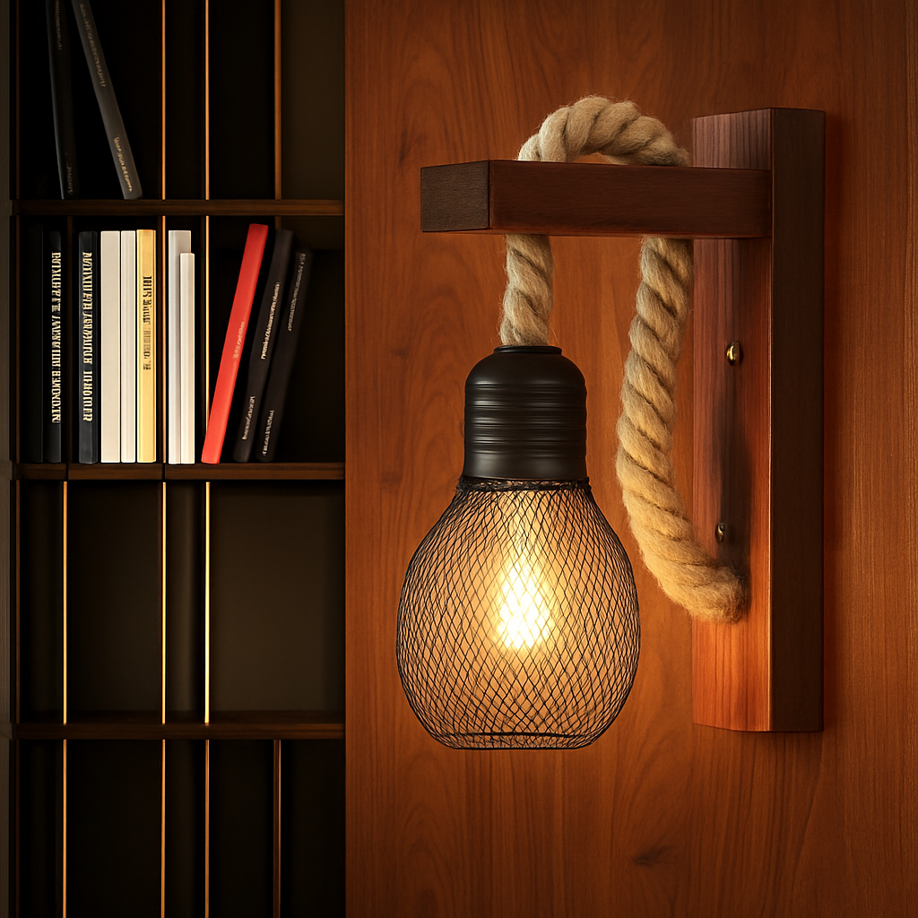 Vintage wood and rope wall light industrial retro style - vue 6 sur 10