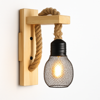 Vintage wood and rope wall light industrial retro style