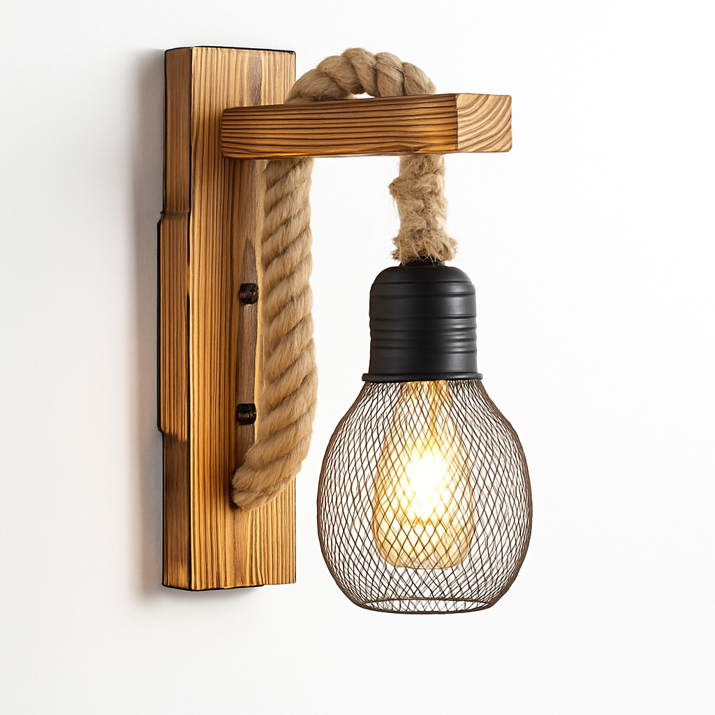Vintage wood and rope wall light industrial retro style - vue 8 sur 10