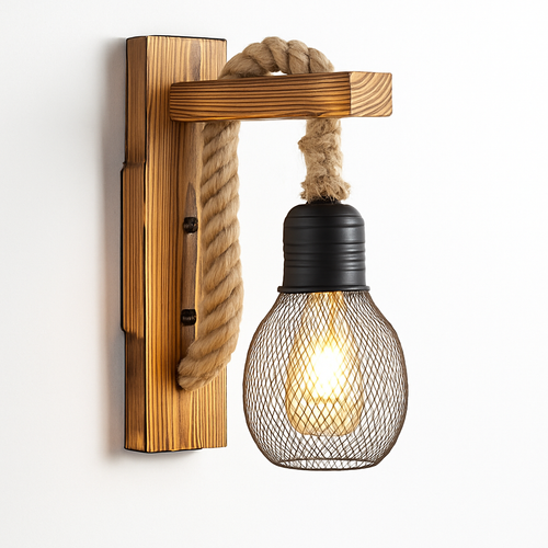 Vintage wood and rope wall light industrial retro style - vue 9 sur 10