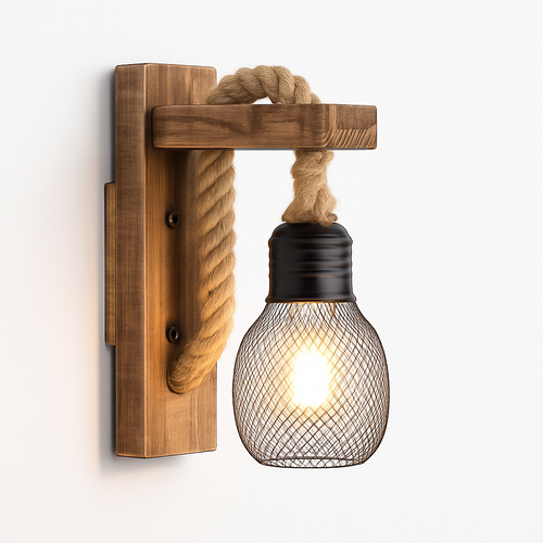 Vintage wood and rope wall light industrial retro style - vue 10 sur 10