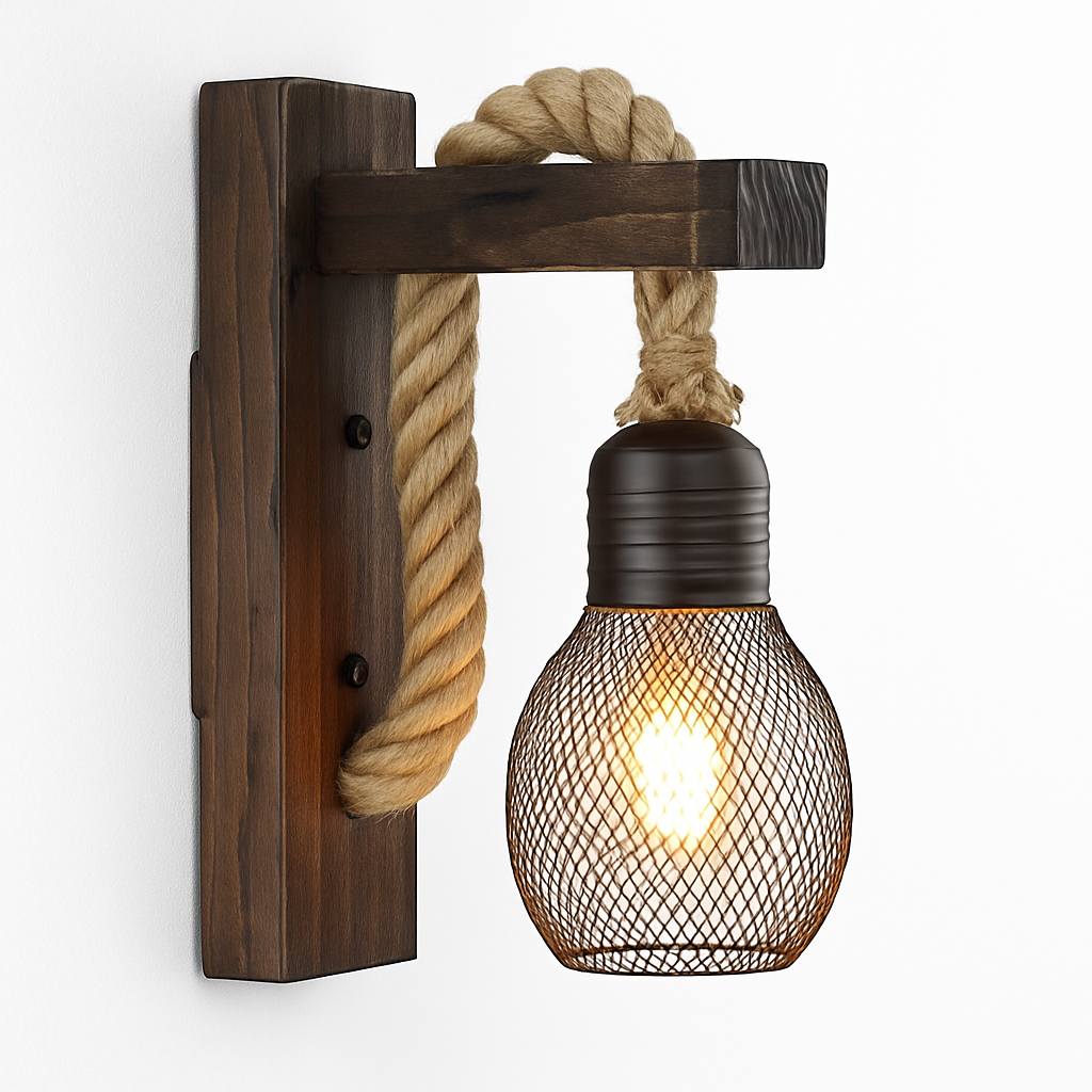 Vintage wood and rope wall light industrial retro style - vue 10 sur 10