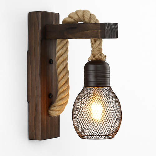Vintage wood and rope wall light industrial retro style - vue 11 sur 10