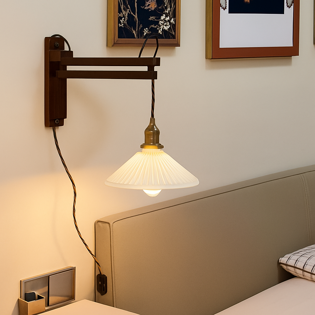 applique murale japonaise en bois vintage rétro abat-jour en céramique - vue 4 sur 17