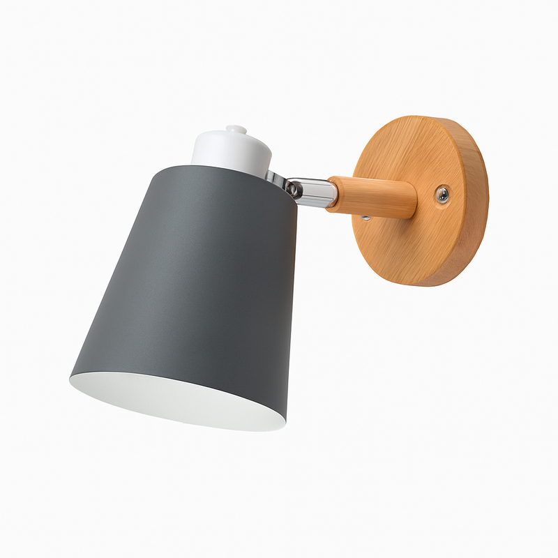 Applique murale LED abat-jour orientable en métal et support en bois