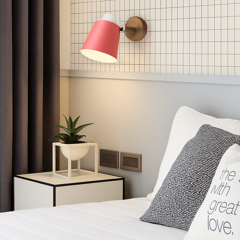 Applique murale LED abat-jour orientable en métal et support en bois