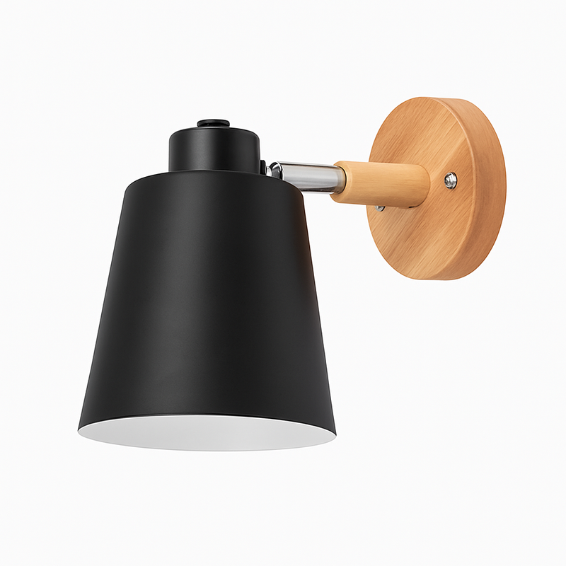 Applique murale LED abat-jour orientable en métal et support en bois