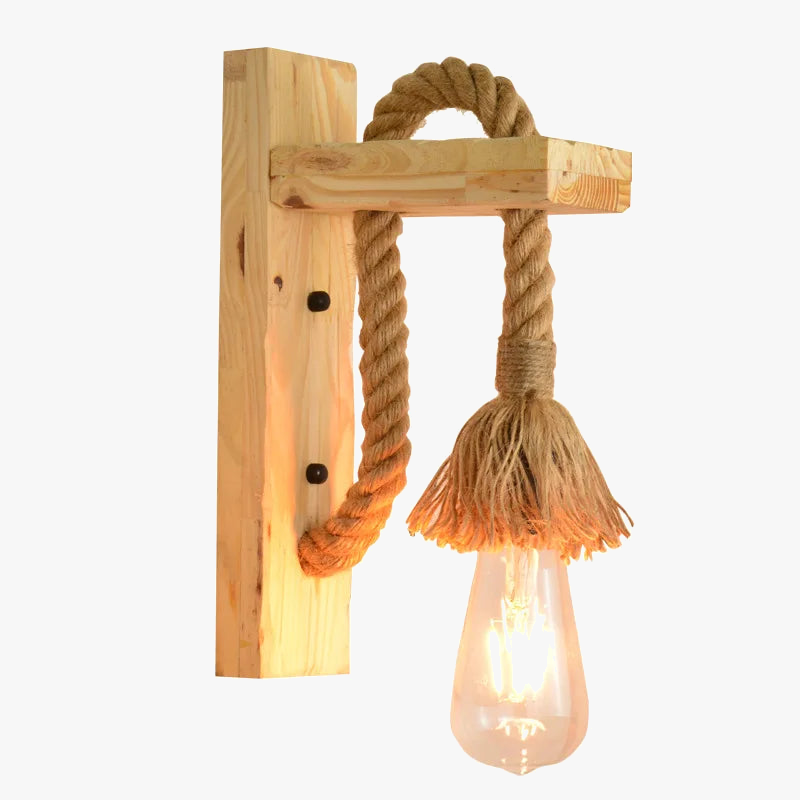 applique murale led vintage en bois métal et corde de chanvre