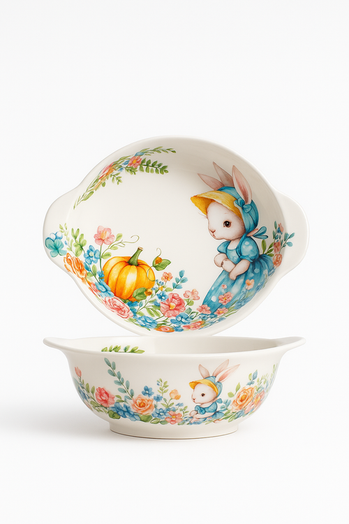 Assiette céramique motif citrouille lapin style jardin mignon