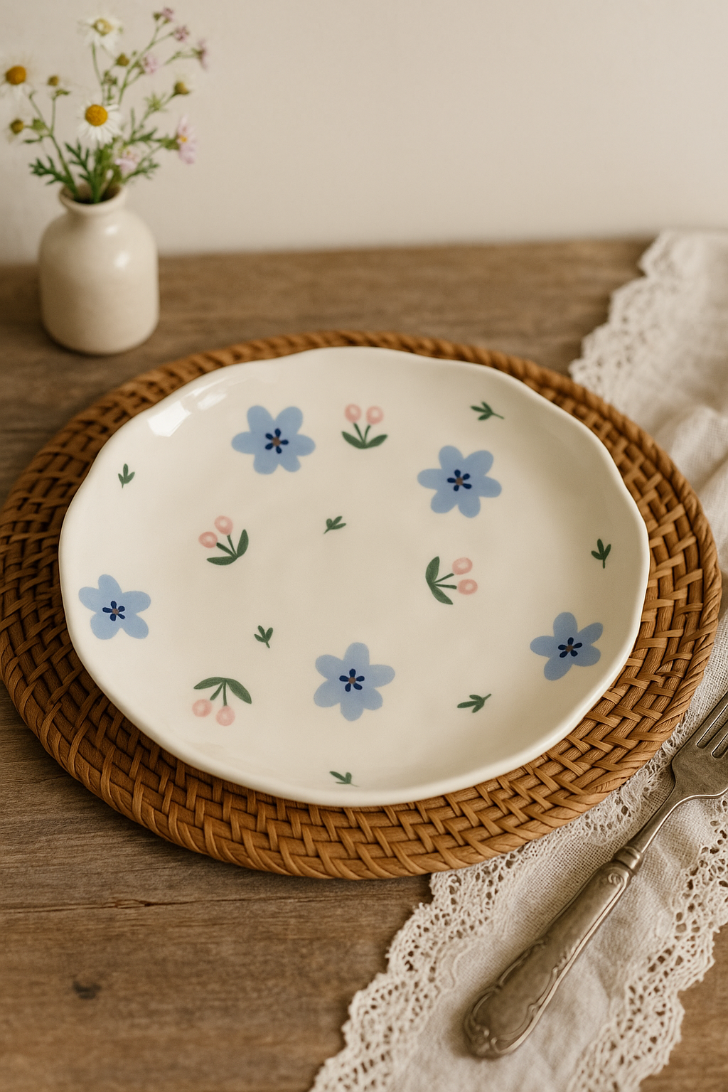 Assiette gateau ceramique artisanale style coreen motif floral - vue 3 sur 3