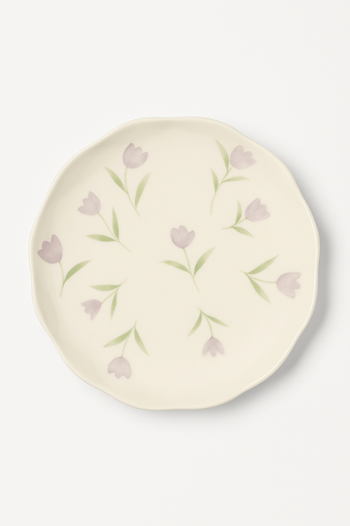 Assiette gateau ceramique style coreen motif floral irregulier
