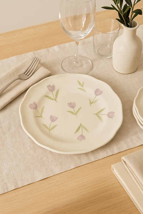 Assiette gateau ceramique style coreen motif floral irregulier
