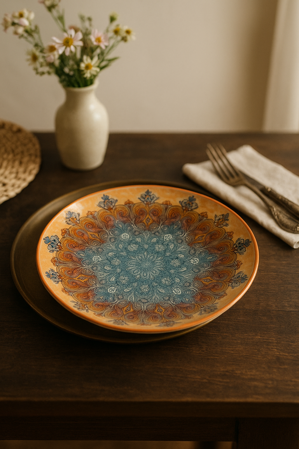 Assiettes plates céramique bohême motifs artistiques repas - vue 3 sur 3